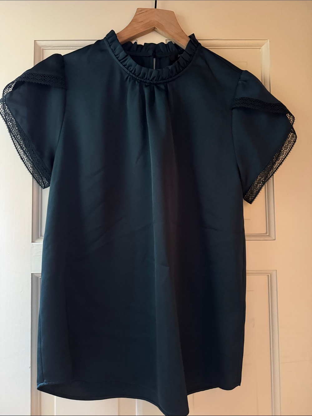 J. Crew Dark Teal Ruffle-Neck Lace-Trim Blouse